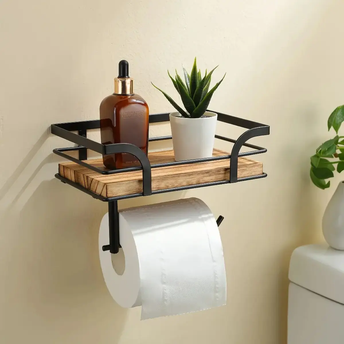 Wall-Mounted Wooden and Black Metal Organizer Shelf with Toilet Holder for Towels, Toiletries and Decorative Items