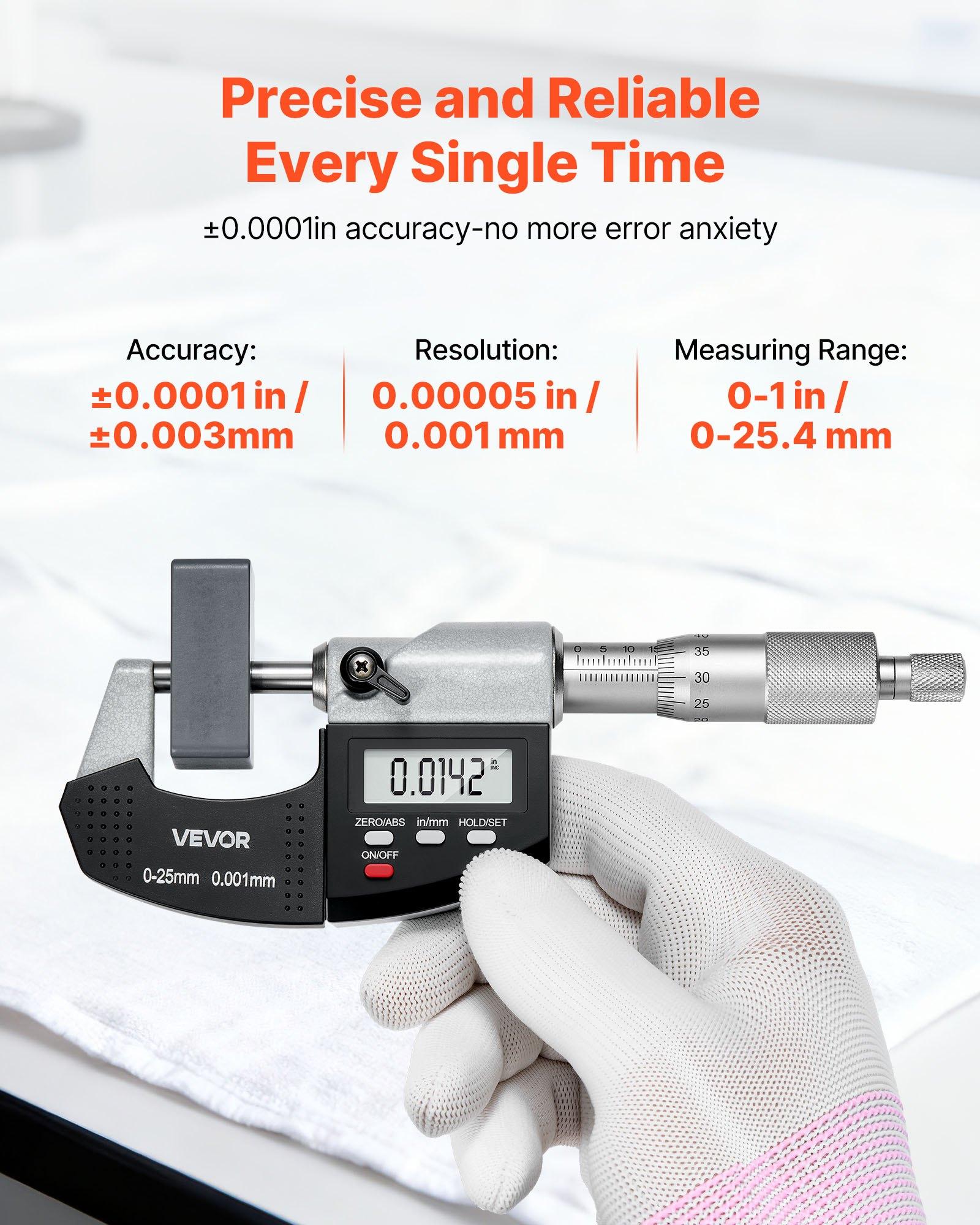 VEVOR Micrometer Set, Digital Outside Micrometer 0-1 inch Measuring Range, 0.00005" Resolution, Ultra-Precision 0.0001 Accuracy, LCD Screen, in/mm Switch, Carbide Tip, with Protective Case