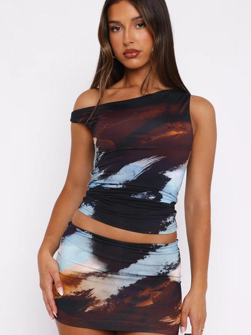 Women's Graphic Print Crop Top & Bodycon Skirt Two-piece Set, Elegant Fashion Casual Top & Skirt for Daily Outdoor Wear, Women's Clothing for Spring & Fall