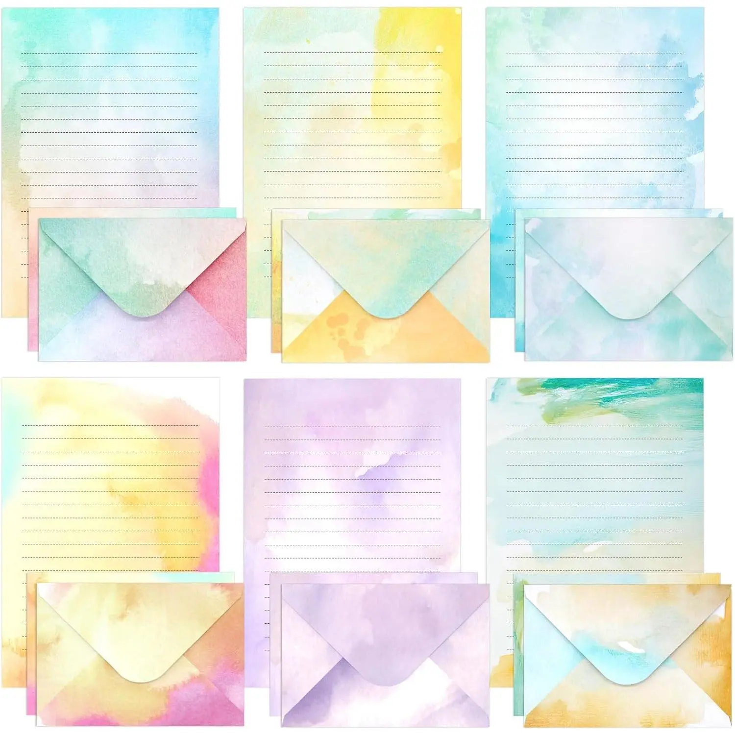 Watercolor Stationary Paper and Envelopes Set, 24 count Colorful Writing Stationery Paper with 12 count Envelopes,Pretty Watercolor Styles Stationery Printed Design for Love Letter, Party Invitations