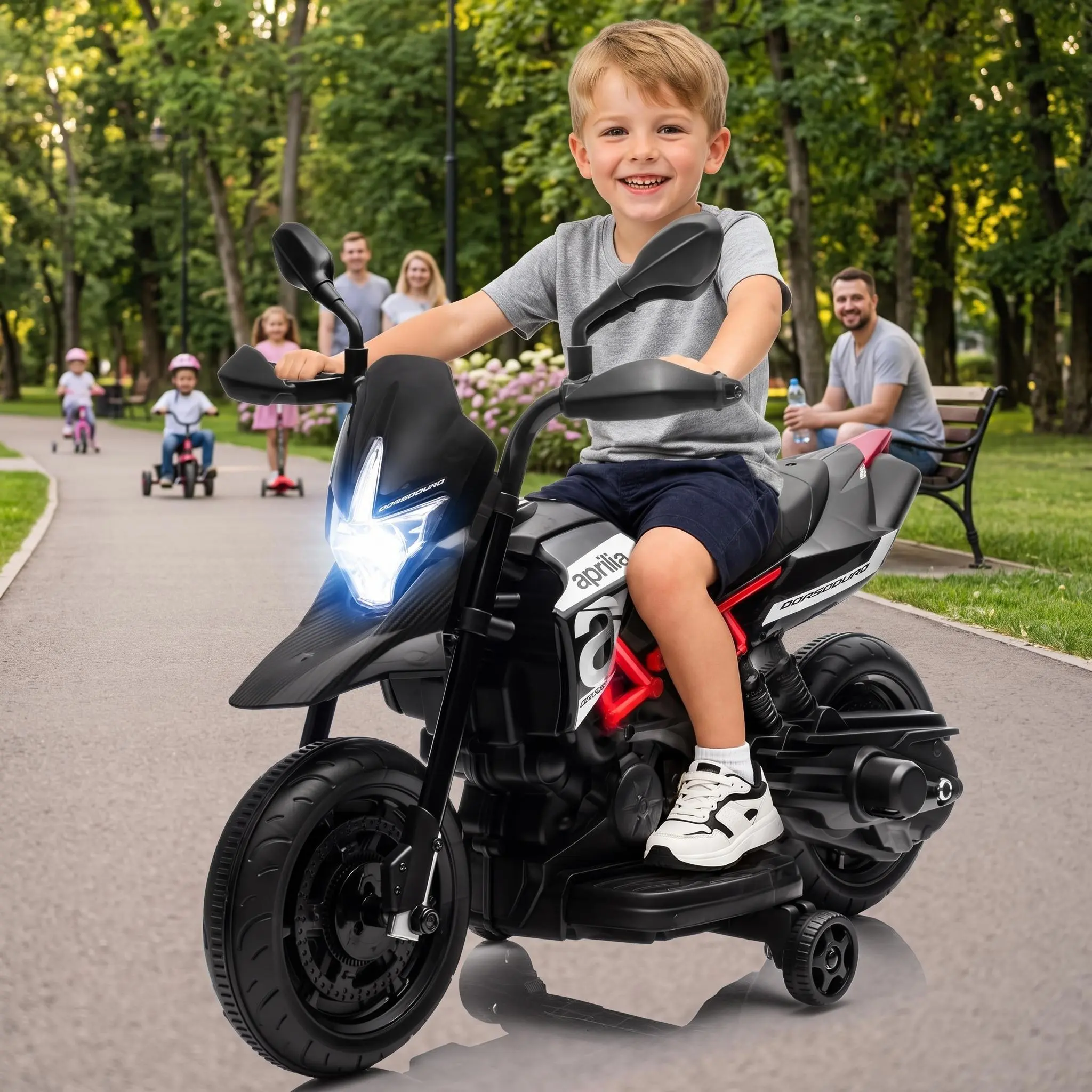 【IdealHouse】6V Kids Electric Dirt Bike Ride-On Toy for Ages 3 to 5, Equipped with Stabilizer Training Wheels and Functional Front Headlight, Rechargeable Battery Operated Toddler Motorcycle Vehicle