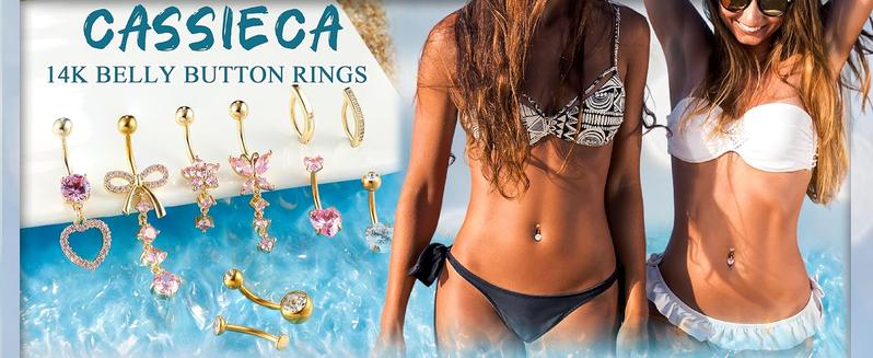 CASSIECA 10Pcs Gold Belly Button Piercing Ring-Surgical Steel CZ Heart Navel Belly Rings for Women Dangle Short Clicker Navel Piercings Cute Summer Jewelry 14G
