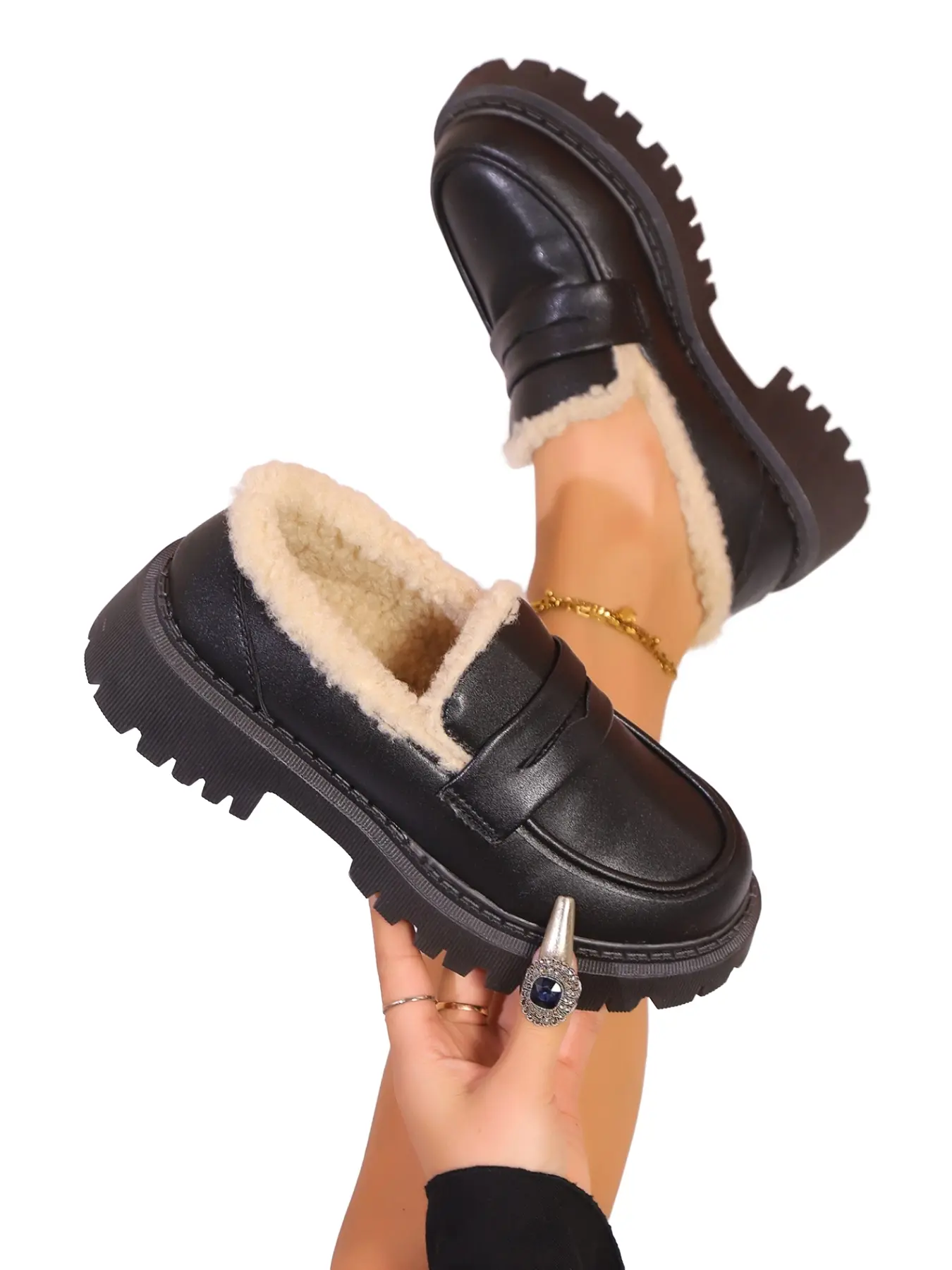 Winter Faux Fur Lined Loafers for Women, Thick Sole British Style Small Leather Shoes, Warm Slip-On Cotton Shoes