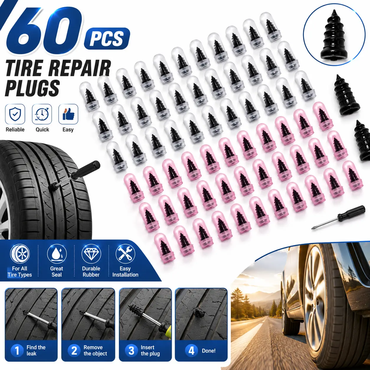 60PCS Tubeless Tire Repair Plug Kit with Screwdriver, Self-Tapping Rubber Plugs for Cars, Trucks, Motorcycles and Tractors