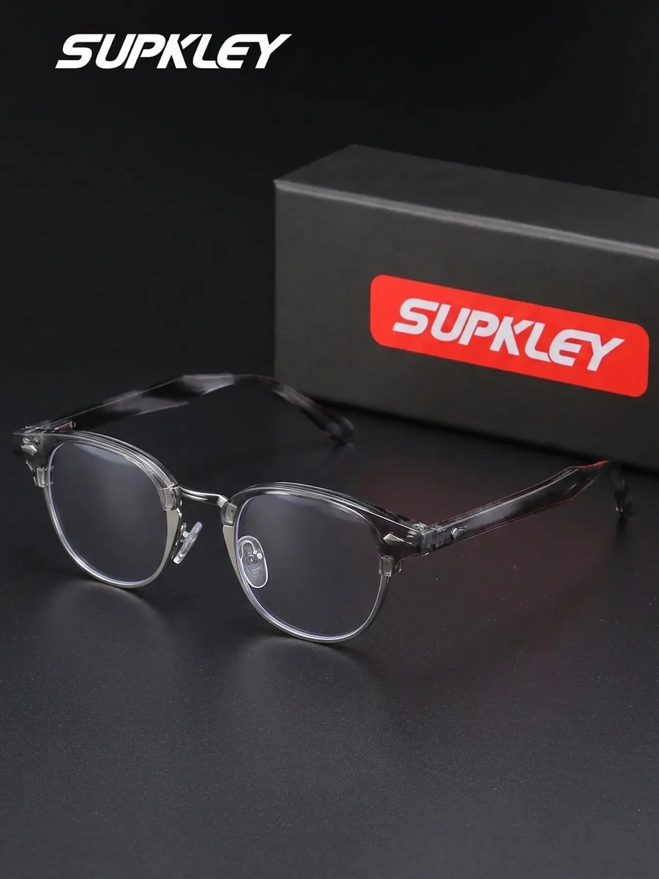 SUPKLEY Mens Vintage Browline Semi Rim Eyeglasses, Classic Clubmaster Style Anti Blue Light Lens, Premium Optical Frame for Work and Business