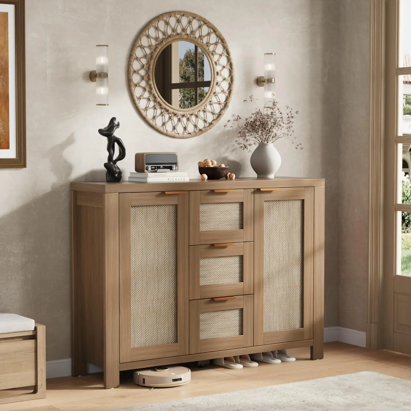 🌿 51"  Rattan Sideboard Buffet – Boho 2-Door. 3-Drawer Storage Cabinet with Adjustable Shelves for Kitchen. Living Room & Entryway! ✨