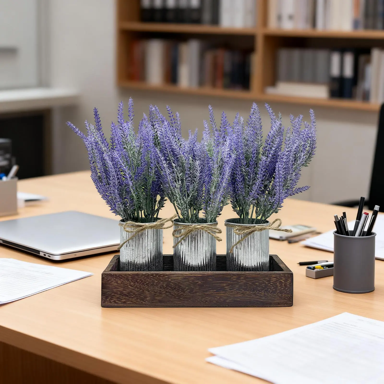3-Piece Lavender Flowers Artificial & Foam Fruit+Eucalyptus Set, Paper Pulp Pots with Galvanized Metal Bucket, Faux Greenery Dining Room Table Centerpiece