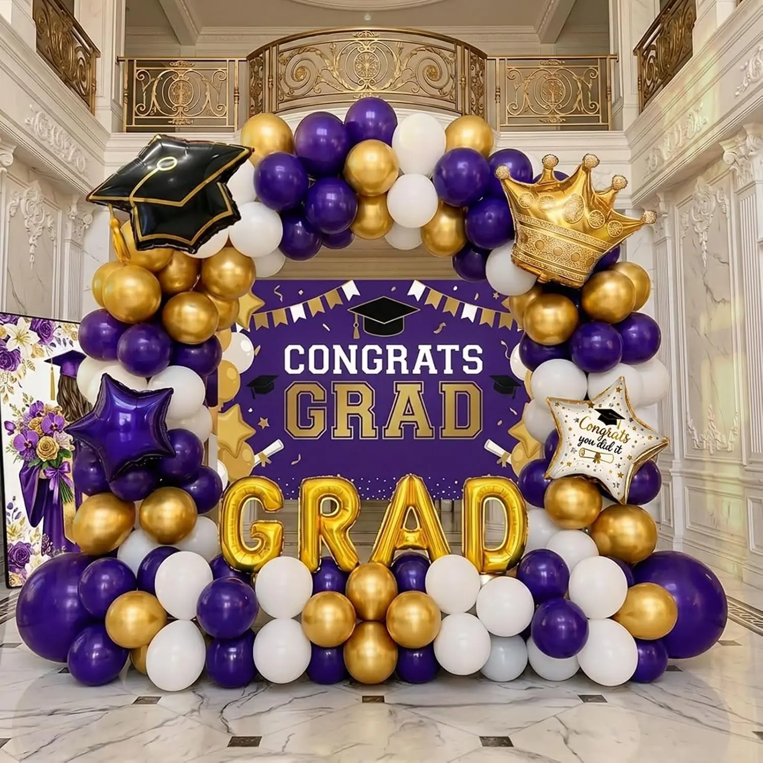 White  Balloon Garland Arch Kit with backdrop Stars Graduation Cap crown GRAD Letters Mylar Balloons for 2026 graduate Prom Decorations
