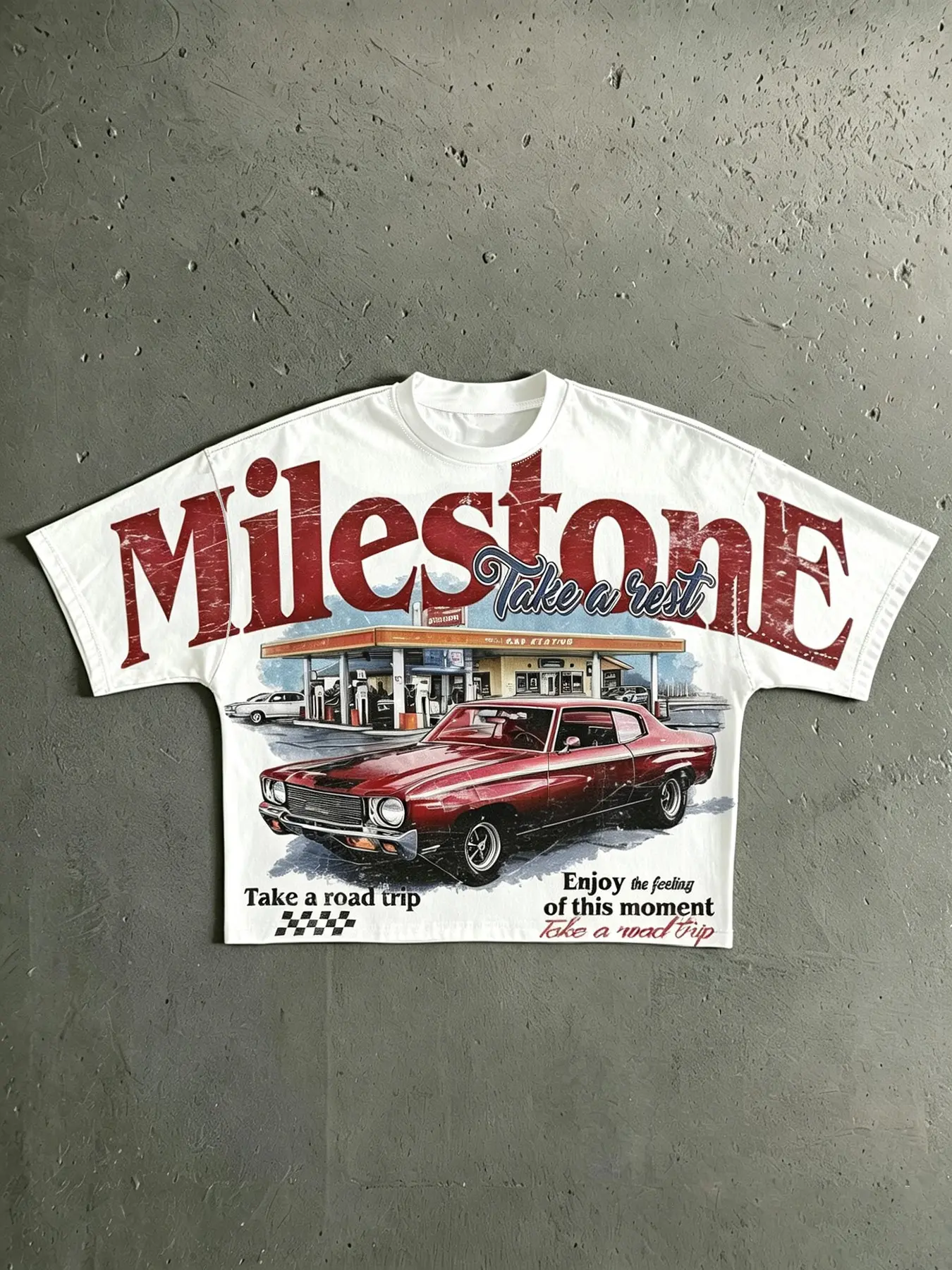 Men's Letter Graphic Cropped Top, Vintage American Car Print Short Sleeve T-Shirt, Distressed Retro Hip Hop Streetwear, Loose Cropped Versatile Trendy Item For Outdoor Trips, Street Shooting, Casual Gatherings And Daily Wear