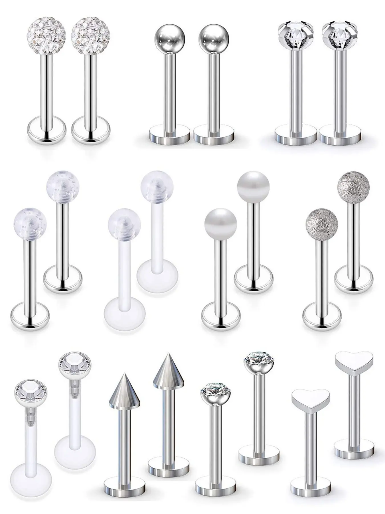 22Pcs 16G Forward Helix Cartilage Tragus Earring Studs Internal & External Threaded Labret Lip Monroe Ring Barbell Body Piercing Jewelry Retainer for Women Men