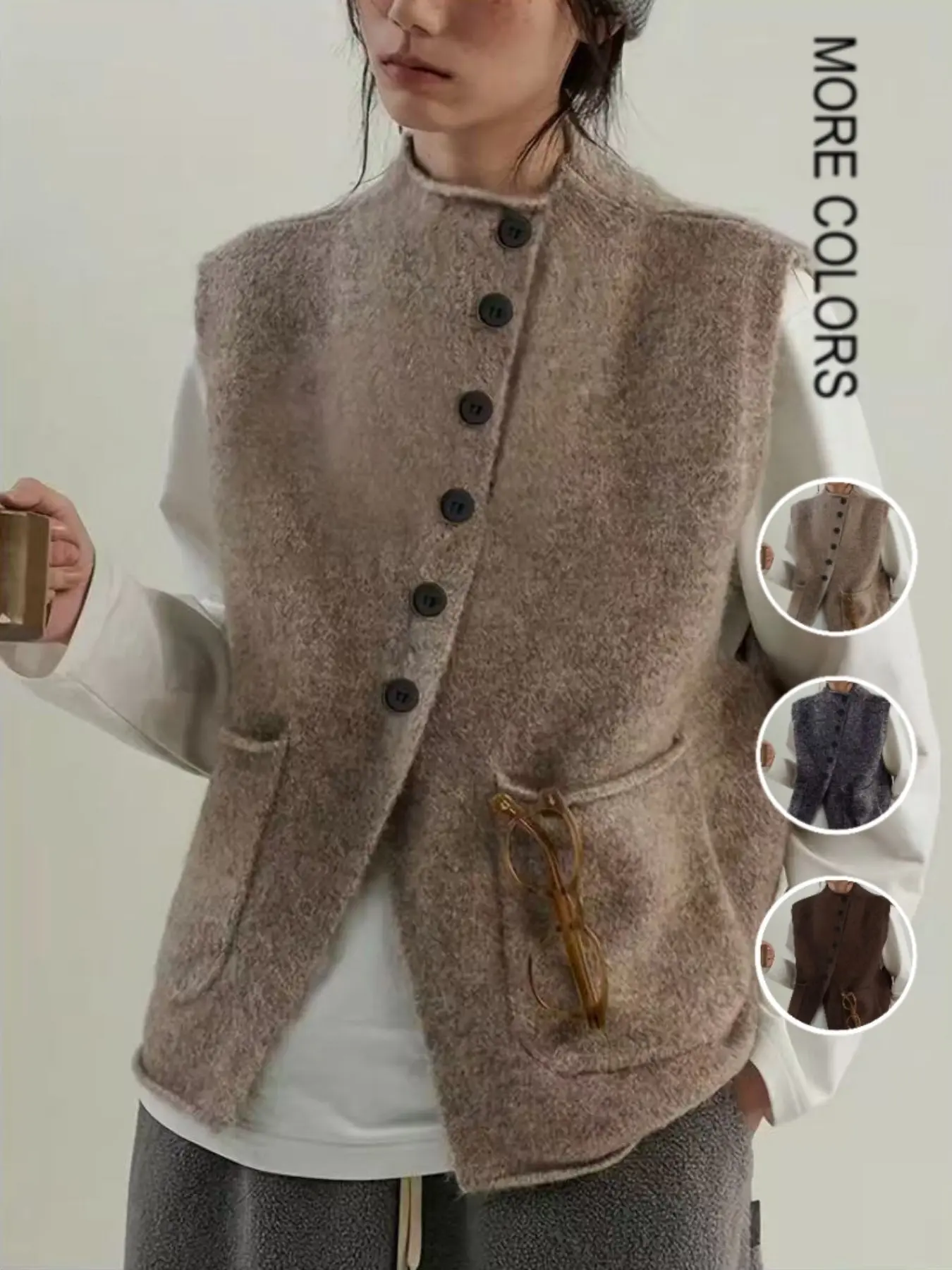 Women's Asymmetrical Knit Vest, Sleeveless Layering Sweater Jacket, Casual Loose Fit, Pocket Design, Elegant and Comfortable Outerwear
