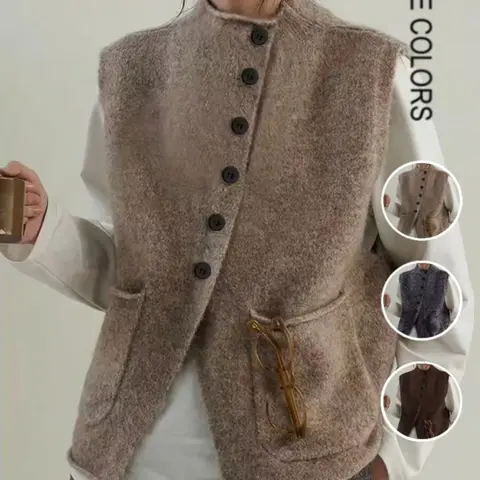 Women's Asymmetrical Knit Vest, Sleeveless Layering Sweater Vest, Casual Loose Fit, Pocket Design, Elegant and Comfortable Outerwear Tops