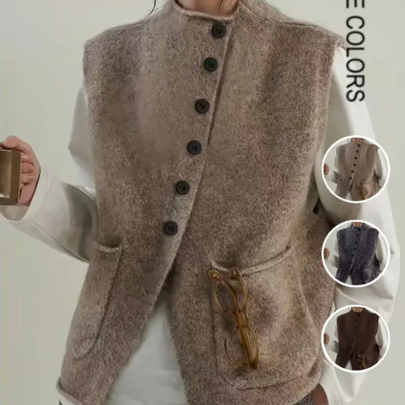 Women's Asymmetrical Knit Vest, Sleeveless Layering Sweater Vest, Casual Loose Fit, Pocket Design, Elegant and Comfortable Outerwear Tops