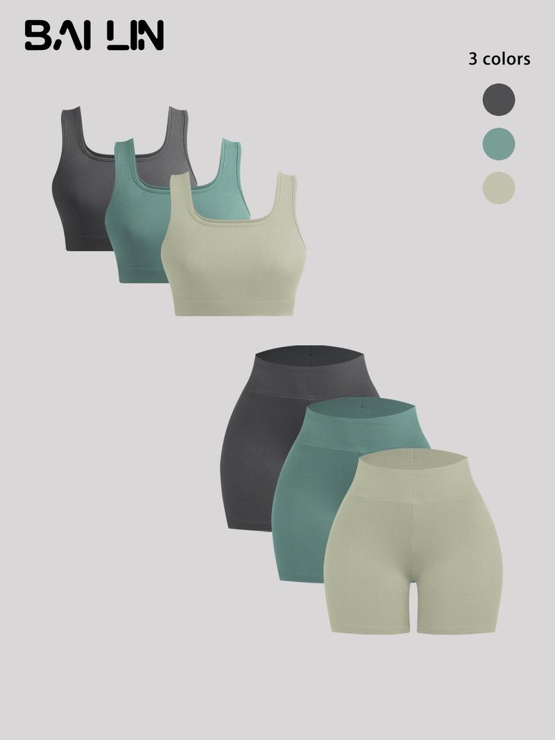Women's Solid Ribbed Set, Casual Crop Tank Top & High Waist Skinny Shorts, Summer Outfits, Womenswear