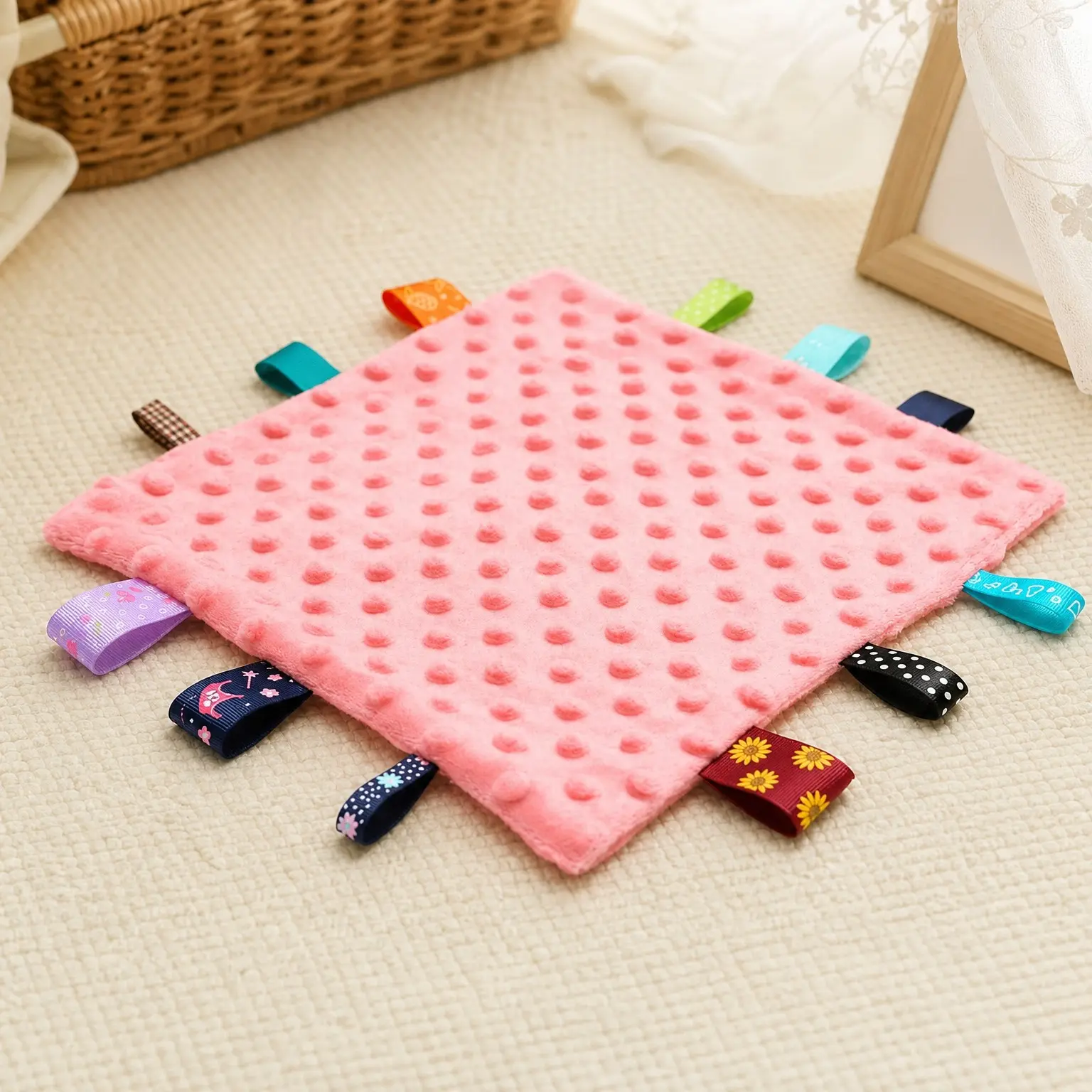 Baby Security Blanket with Colorful Tags - 10"x10" Sensory Plush Lovey for Babies 3 Months+, Boys and Girls (Pink)(Gift)