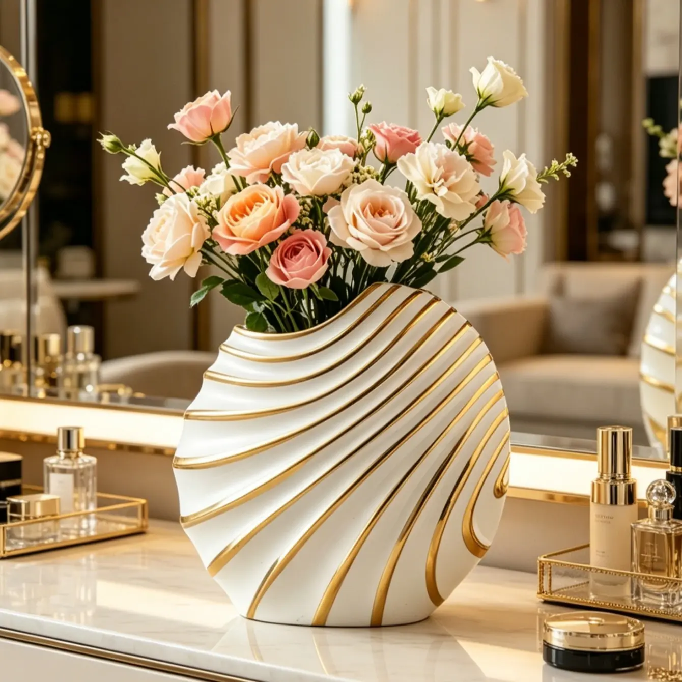 and Gold Stripe Ceramic Vase, Modern Luxury Wave Pattern Decorative Flower Vessel Vase, Ideal for Living Room Dining Table Home Decoration