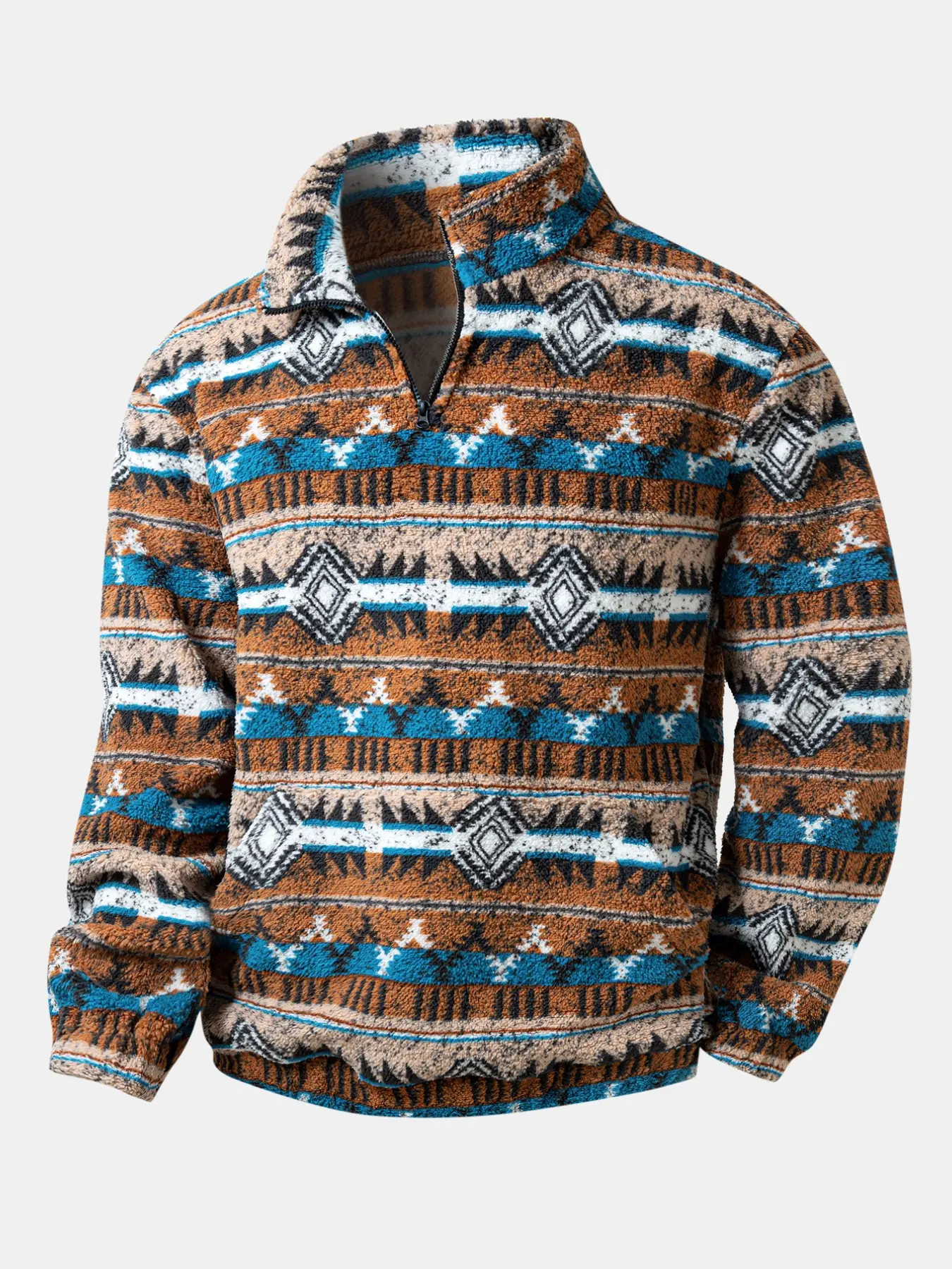 Vintage Western Aztec Print Plush Fleece Fluffy Soft Pullover for Men, Half-Zip Stand-Collar Sweatshirt, Warm Casual Top for Travel, Hiking & Winter