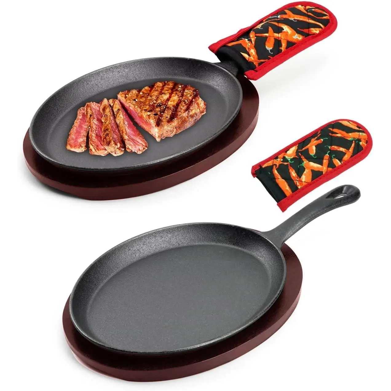2PCS Cast Iron Fajita Sizzling Plates with Wooden Base, Scald Protection Hot Mitts, Cookware for Home Barbecue Kitchen Service, Pans