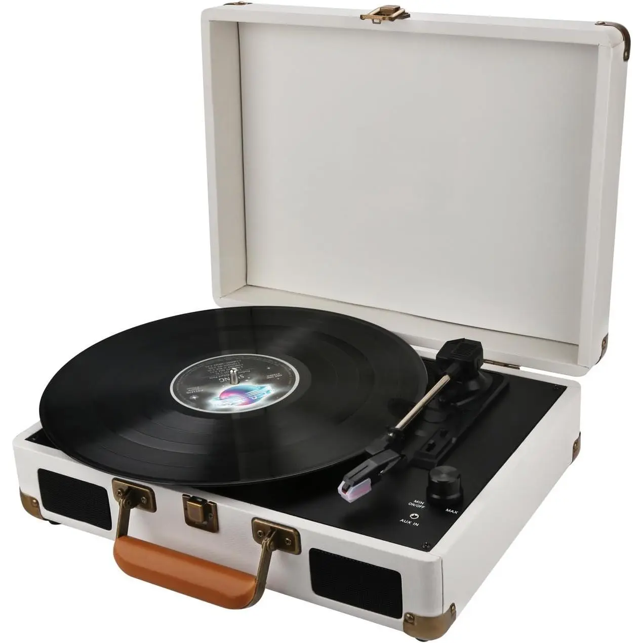 Vinyl Record Player  with Speakers 3 Speed Portable Turntable Suitcase  in 2 Speakers  Line Out AUX Headphone Jack PC Recorder-White