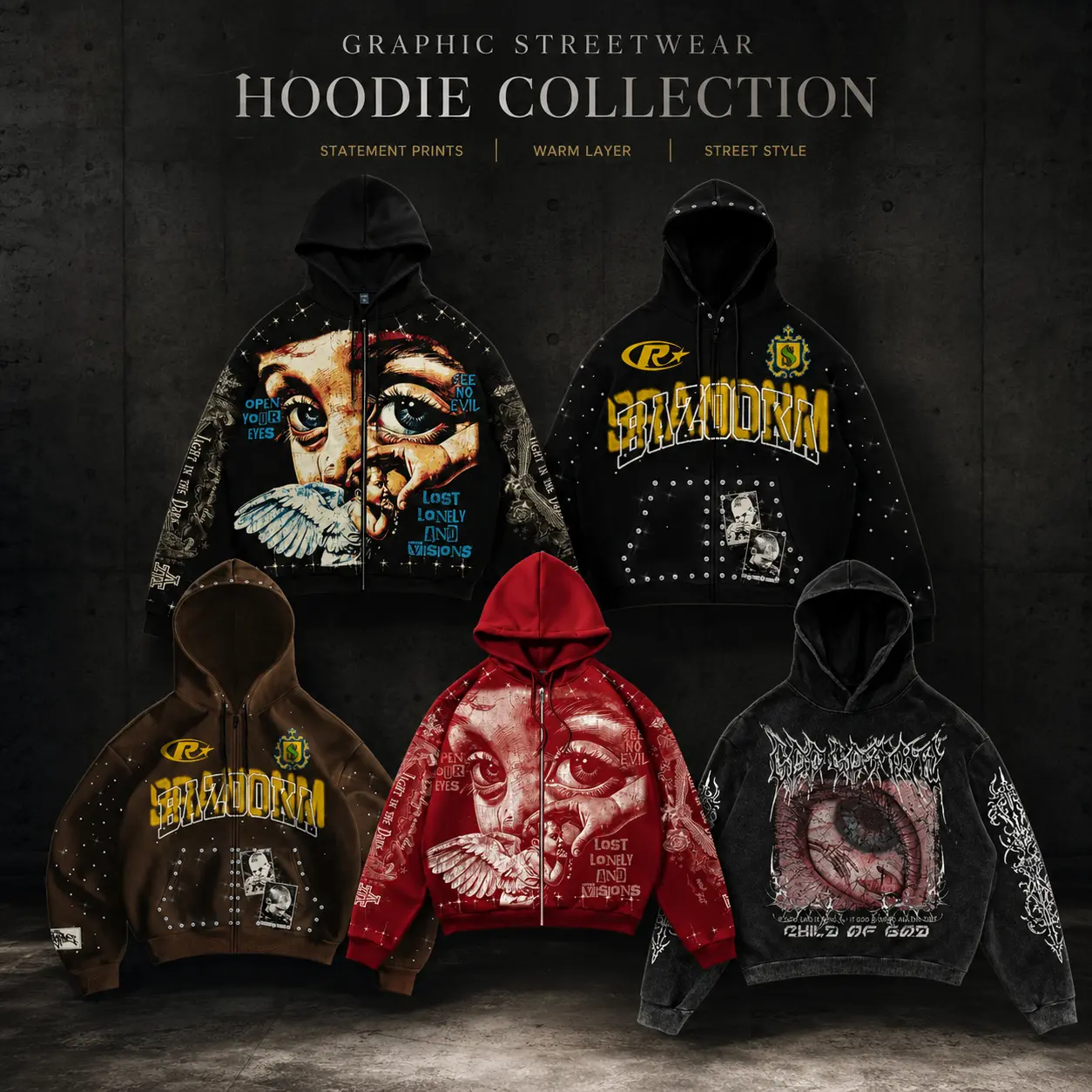 Men's Y2K Graphic Hoodie Oversized Streetwear Sweatshirt, Zip Up & Pullover Hooded Jacket, Bold Eye Print Hoodie for Men Women, Goth Punk Hip Hop Warm Casual Loose Fit Hoodie, Fall Winter Outfit, Aesthetic Street Fashion Daily Layer Gift for Him Her
