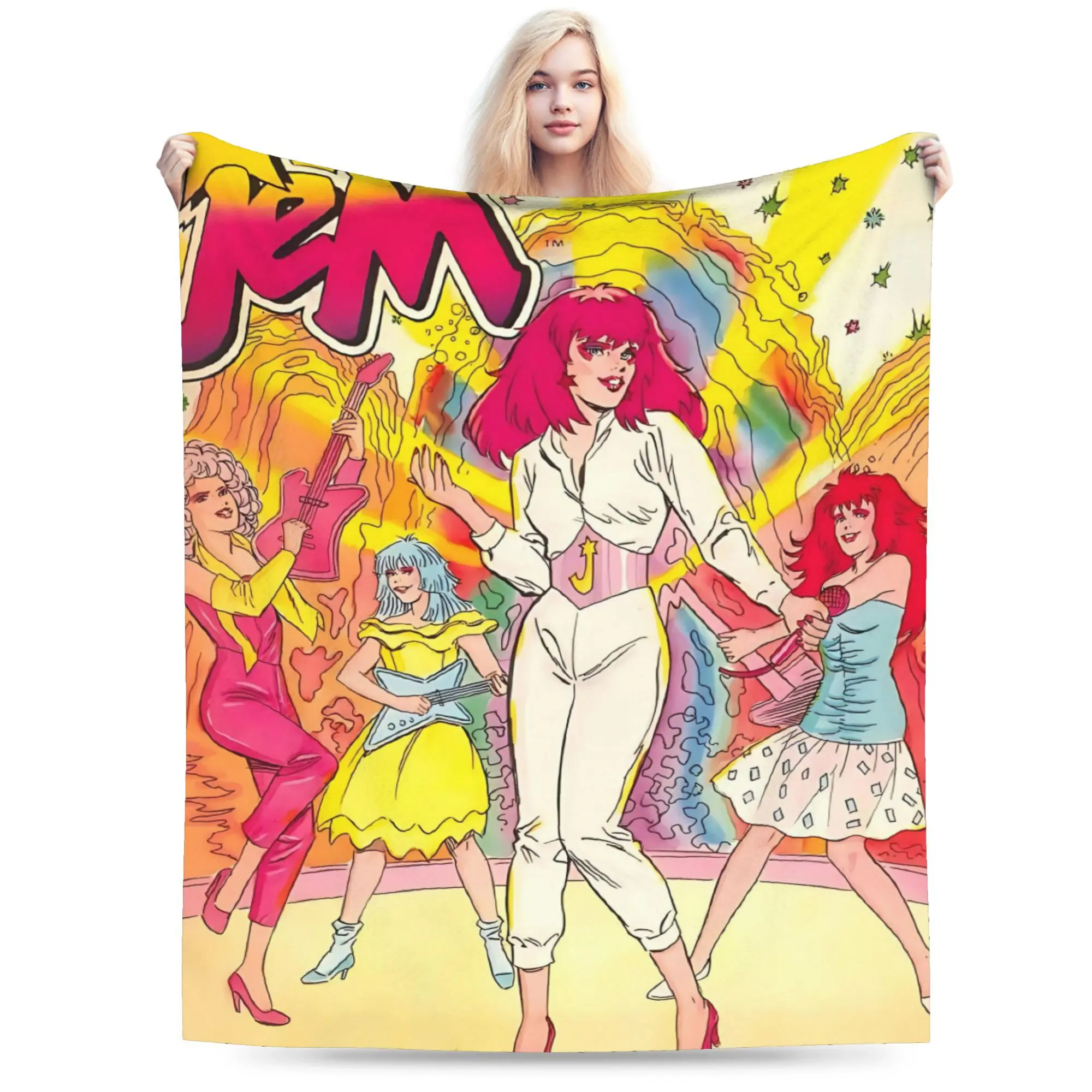 Jem and the Holograms Complete Girl Band Retro Rainbow Stage Flannel Throw Blanket, Colorful Print Pure Cotton Retro Glamour Wrinkle-Free 80s Cartoon Fan Soft Warm Gift for Vintage Rock Fans All Ages