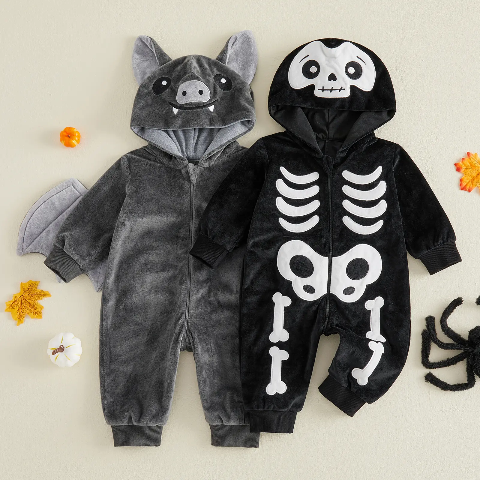 Baby Boy Halloween Costumes Infant Skeleton/Bat Long Sleeve Hoodie Romper for Baby Halloween Dress Up Costume Party