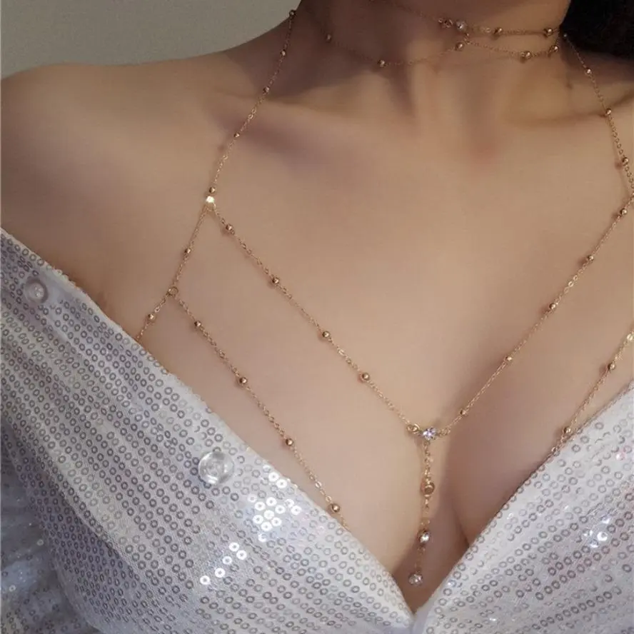 Women's Layered Bling Chain Body Jewelry - Dainty Gold-Silver Statement Necklace for Female, Girlfriends, Party, Beachwear, Extended Wear Indoor Recreation Summer Fashion