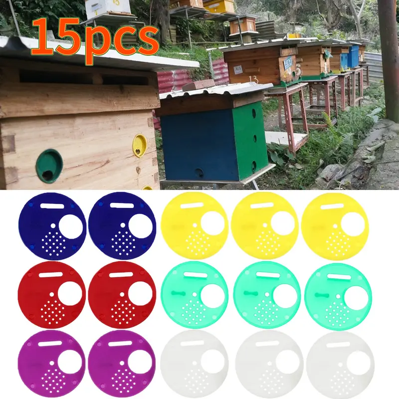 15pcs of colored plastic beehive round door stopper, ventilated beehive entrance disc door, general accessories for beekeeping, Outdoor