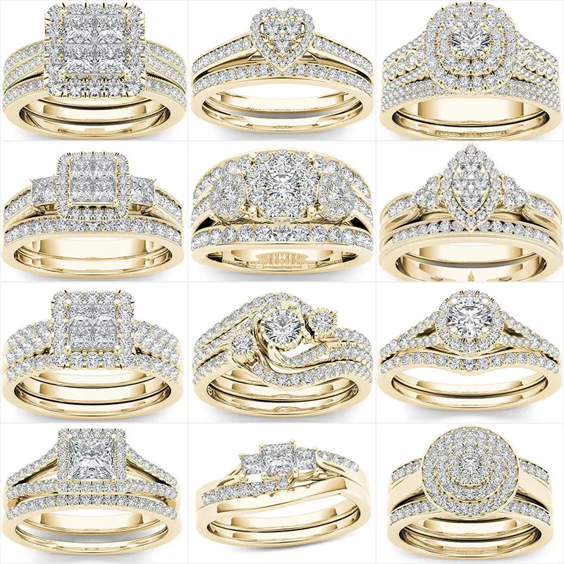 His & Hers 18K Gold Plated Zircon Couple Rings, Open Design Stackable Wedding Bands with Full Sparkle, Cross-Border Wholesale Jewelry for Women Men, Hot Sale Bridal Sets for Party & Daily