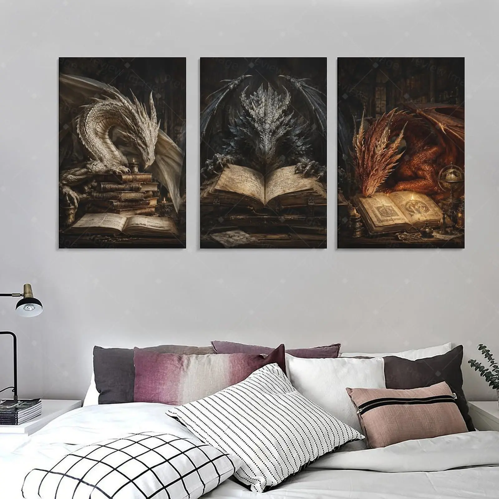 3 Piece Framed Fantasy Dragon Canvas Wall Art, Medieval Book Dragon Poster, Dark Academia Aesthetic Decor for Bedroom Gaming Room, Mythical Lover Gift,wall decor,poster.