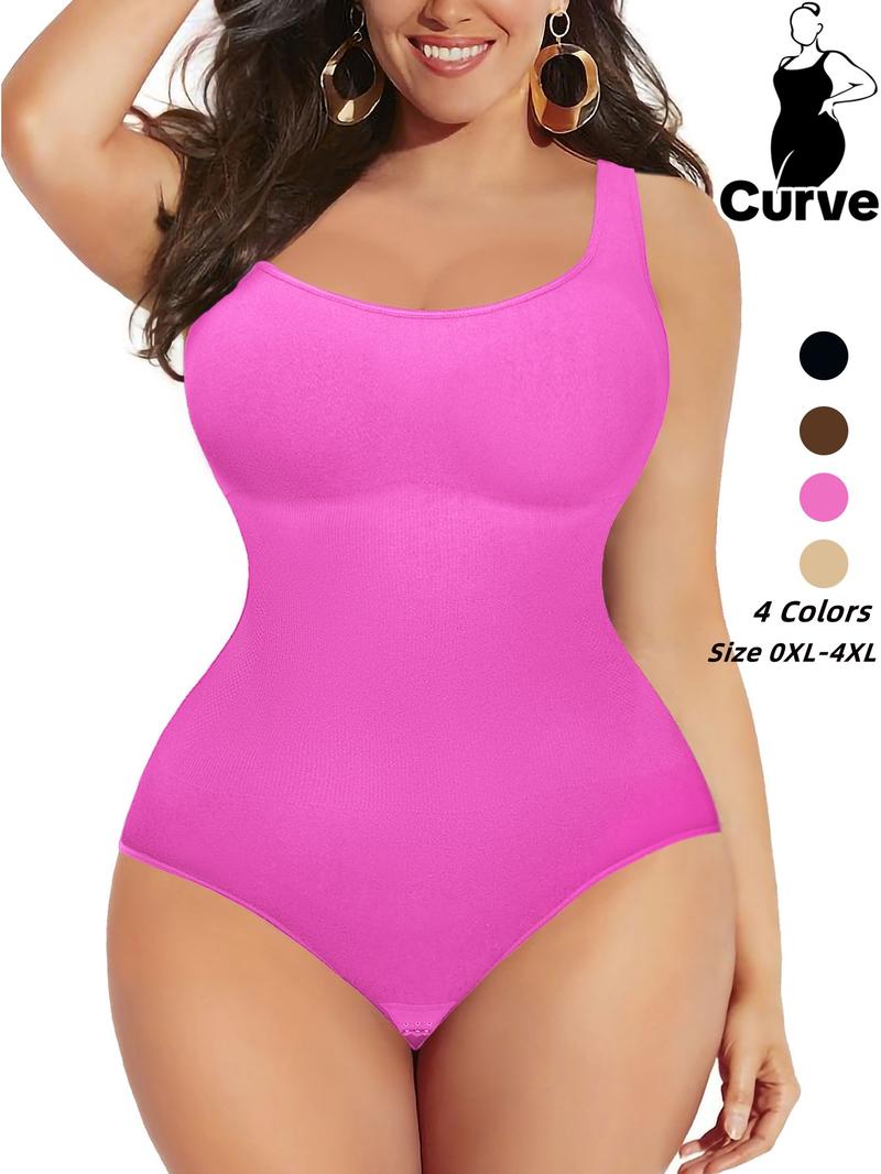 Plus Size Solid Scoop Neck Shapewear Tank Bodysuit, Casual High Stretch Comfy Breathable Shaper, Built In Shaper, Women's Shapewear for All Seasons