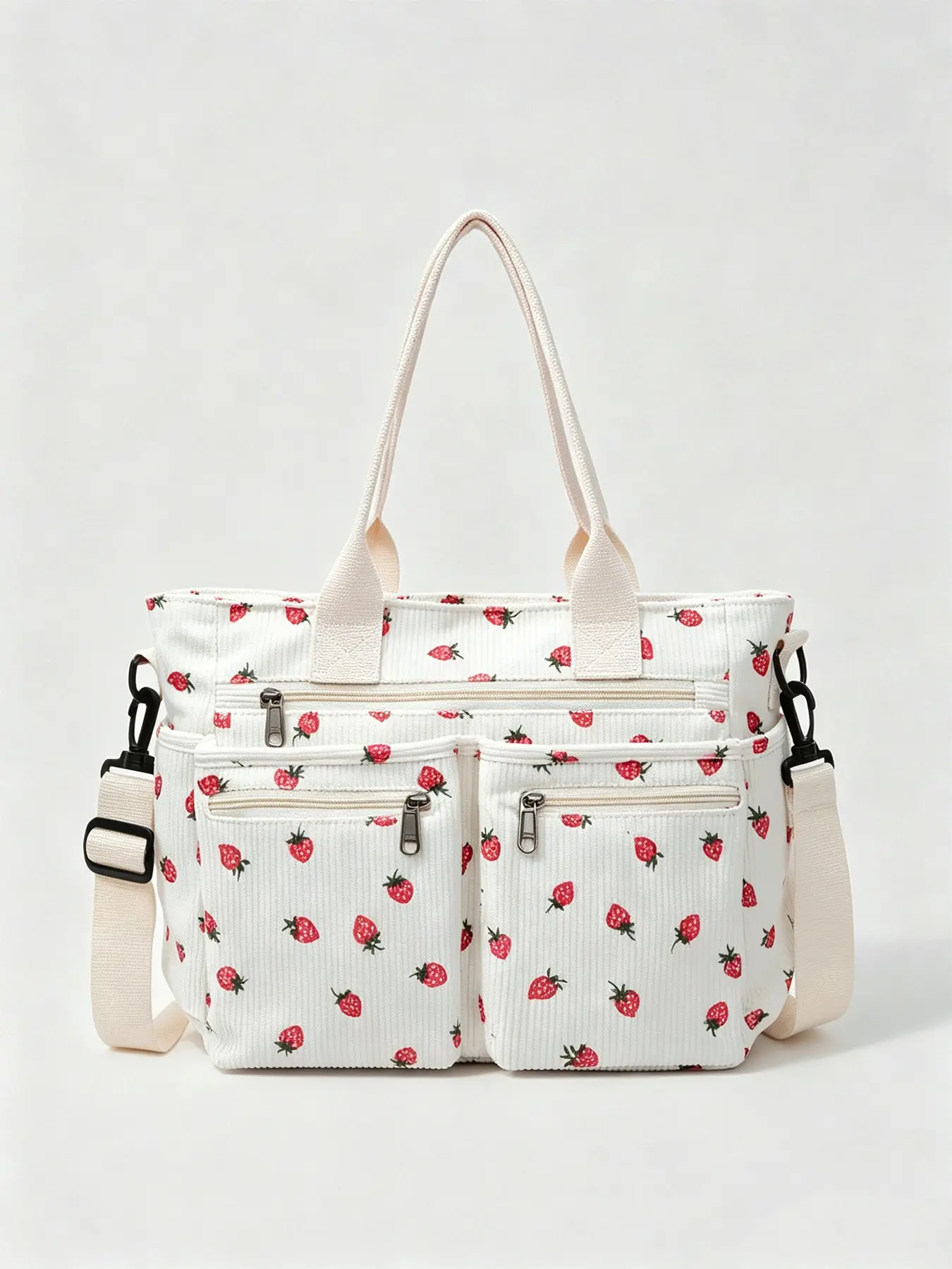 Gentle and cute retro artistic texture strawberry printed Commuter Tote Bag with multiple zippered pockets, large capacity, niche design, versatile single shoulder handbag, suitable for daily commuting and friend gatherings