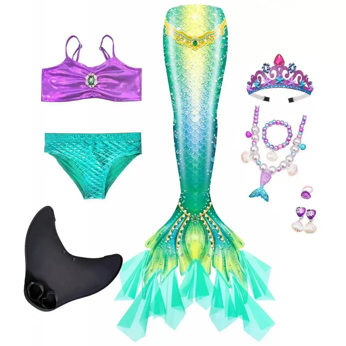 Girls' Mermaid Swimsuit Set, All Seasons - Birthday Gifts & Parties Dress Up Costume For Parties Mermaid Swimsuit Incl: Top, Bikini Bottoms, Mermaid Tail, Mermaid Tail Coin Purse, Necklace, Bracelet, Earrings,
