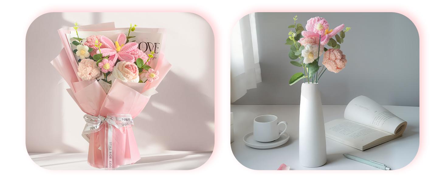 Crochet Bouquet 8PCS, Handmade Knitted Artificial Crochet Flower Gifts - Tulips Roses Daisies Carnations, Preserved for Mother's Day Valentine's Day Birthday Home Decor- Pink