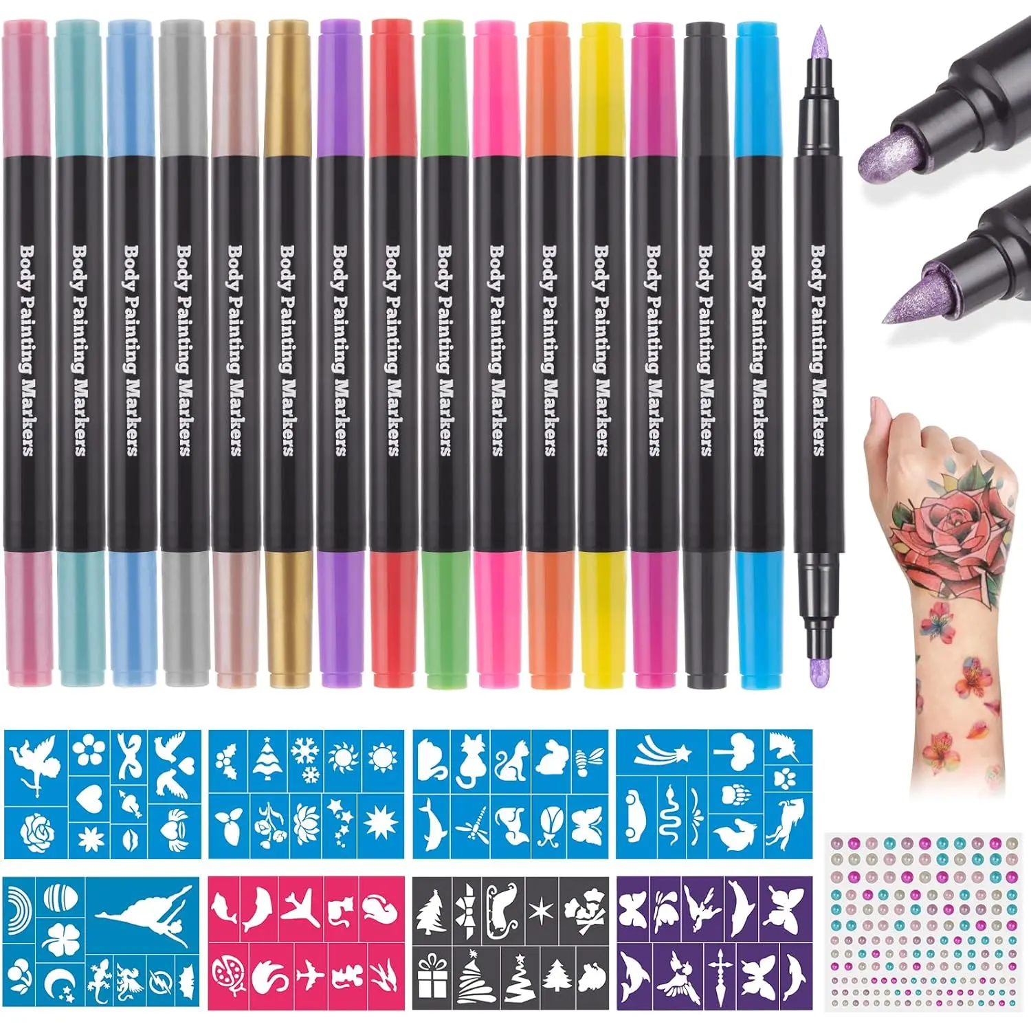 Temporary Tattoo Markers  Skin, 16 Colors Dual-End Skin Tattoo Pens with 80 Tattoo Stencils, Matte & Metallic Body Markers  Kids Teens and Adults, Flexible Brush Tip, Cosmetic-Grade