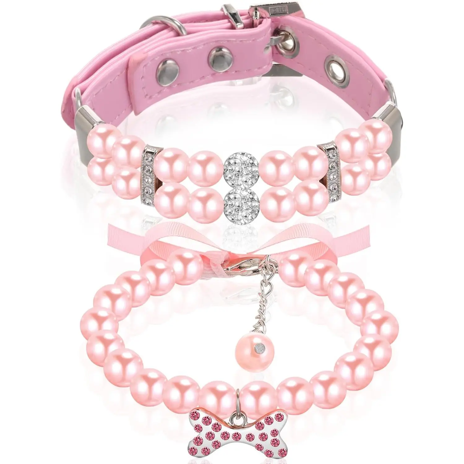 Dog & Cat 2-Pack PU Leather Pearl Collars with Elegant Rhinestone Crystals, Pet Collars & Harnesses Accessory, Crystal, Decorative