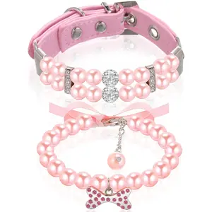 2 Pack Pet Pearl Collar & Necklace Set, Cute PU Leather Rhinestone Crystal Dog Cat Collar, Elegant Jewelry Accessory for Puppy Kitten