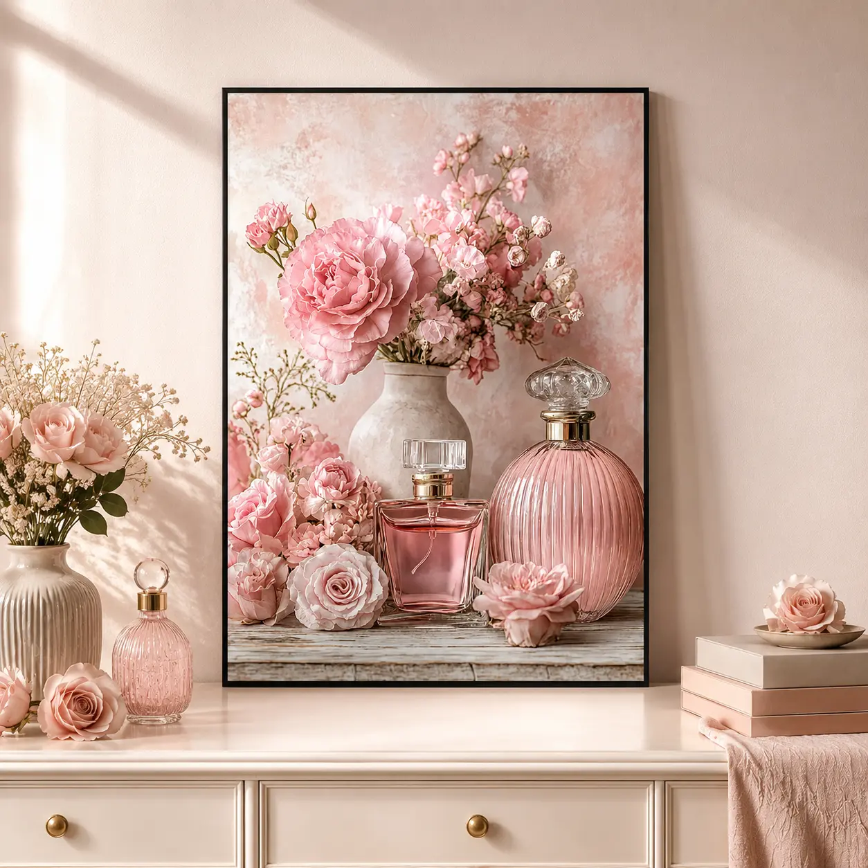 Vintage Floral Perfume Bottle Canvas Wall Art, Soft Pink Roses Gallery-Wrapped Wooden Frame Painting, Shabby Chic Farmhouse Bathroom Decor, Romantic Bedroom Art, Cottagecore Wall Decor, Feminine Home Accent, Housewarming Gift