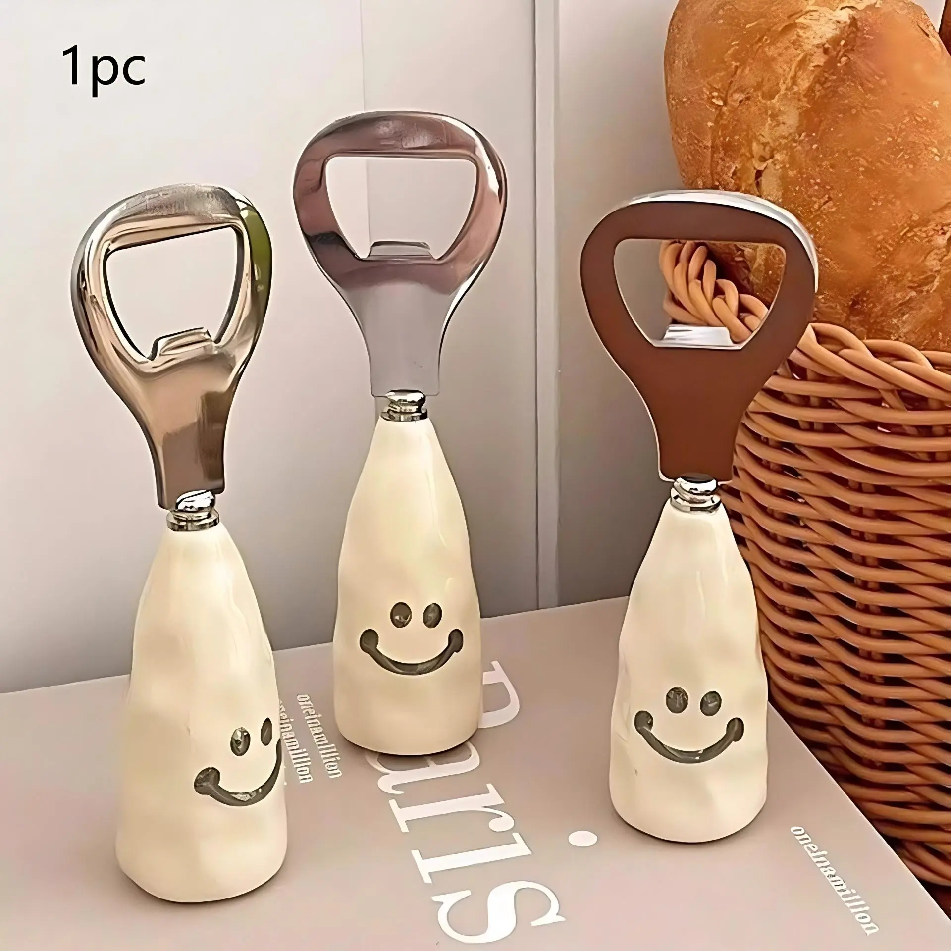 Cute Smile Bottle Opener, Plastic Handle Imitation Ceramic, Standing Beer Bottle Opener, Creative Stainless Steel Cap Opener