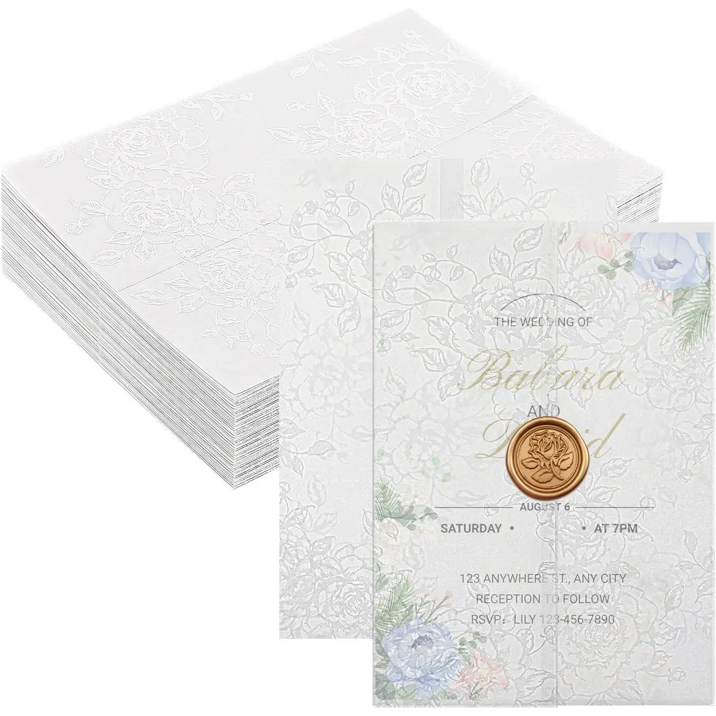 Prudiut 60 Pack Floral Vellum Jackets for 5x7 Invitations, Pre-Folded 115GSM Translucent Paper, Thick Vellum Paper Wraps for Wedding Invitation Baby Bridal Shower Birthday Party Events