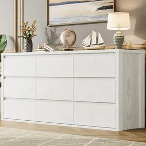 9-Drawer Sturdy Wide Modern Dresser with Handle-Free Design, Natural Wood Grain Storage Organizer for Bedroom, Living Room