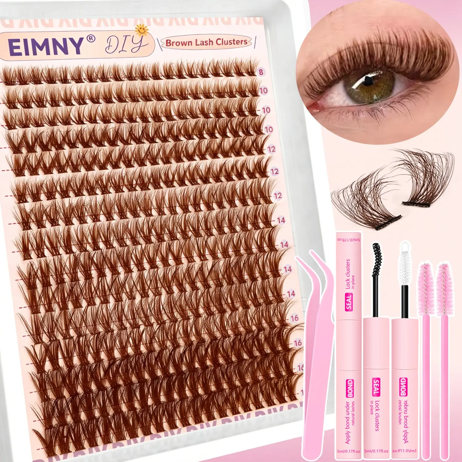 300Pcs Brown Eyelash Clusters, 50D D Curl Fluffy Volume DIY Individual Lashes, Brown Wispy Eyelash Set with Glue, Tweezer and Brush, Natural Faux Mink Brown Lash Extension, Soft Lightweight Reusable False Lashes for Daily Everyday Makeup