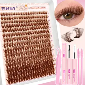 300Pcs Brown Eyelash Clusters, 50D D Curl Fluffy Volume DIY Individual Lashes, Brown Wispy Eyelash Set with Glue, Tweezer and Brush, Natural Faux Mink Brown Lash Extension, Soft Lightweight Reusable False Lashes for Daily Everyday Makeup