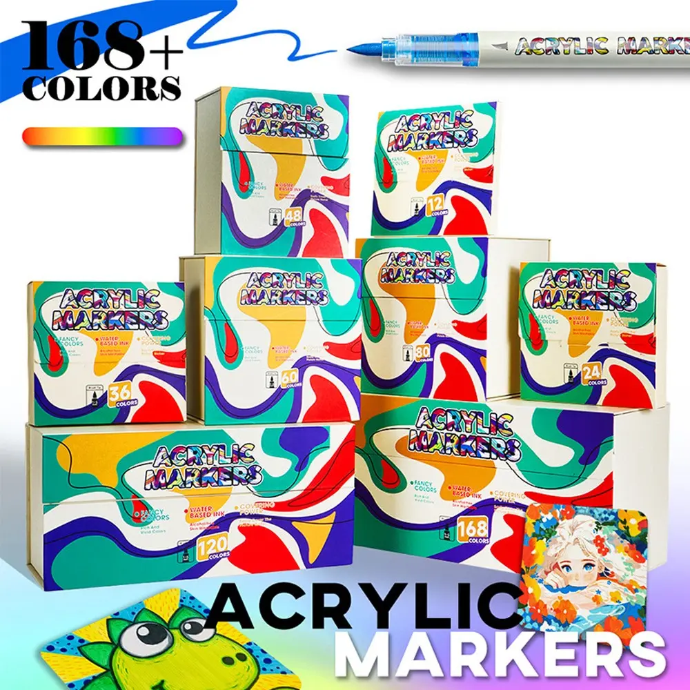 Water-Based Acrylic Marker Set 12-168 Colors, Fast-Drying Waterproof Non-Fading, Multi-Material Use, Art Painting DIY Crafts