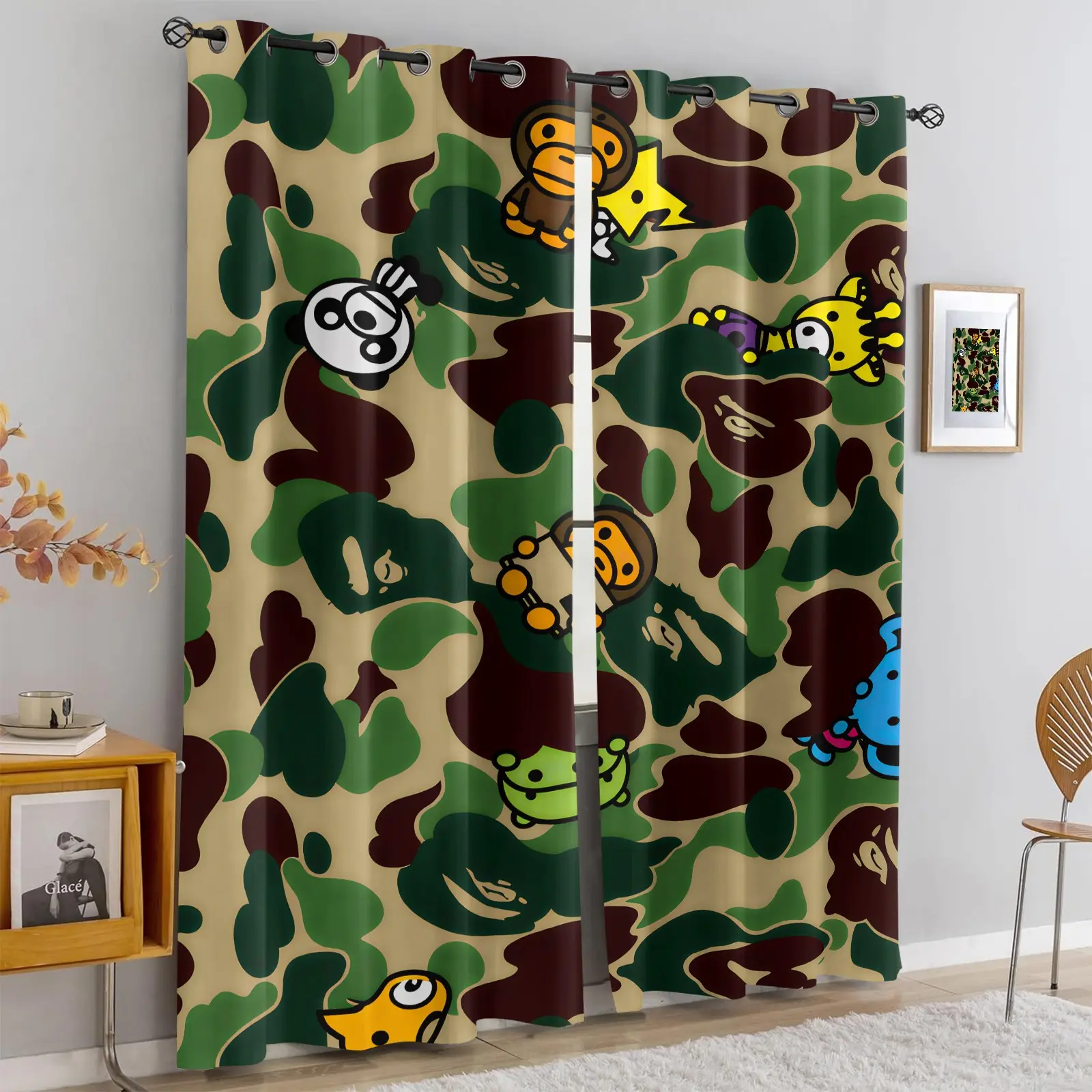 2 Panels Camo Cartoon Monkey Blackout Curtains, Camouflage Cute Animal Print Grommet Top Window Drapes, Privacy Grommet Curtains, Thermal Insulated Machine Washable Light Blocking Curtains for Kids Bedroom Boys Living Room Home Decor