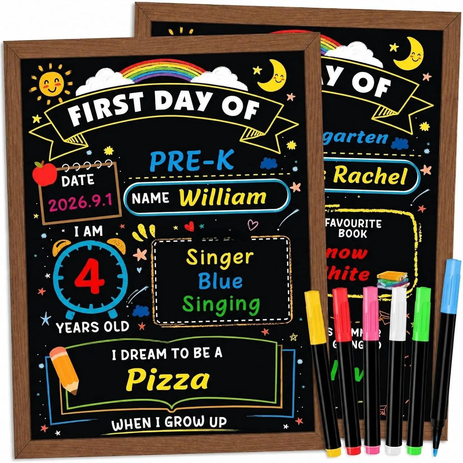 Double-Sided Wooden Frame School Chalkboard Set, 14x11 in, with 6 Dry Erase Markers, Erase-Clean First & Last Day School Memories Sign