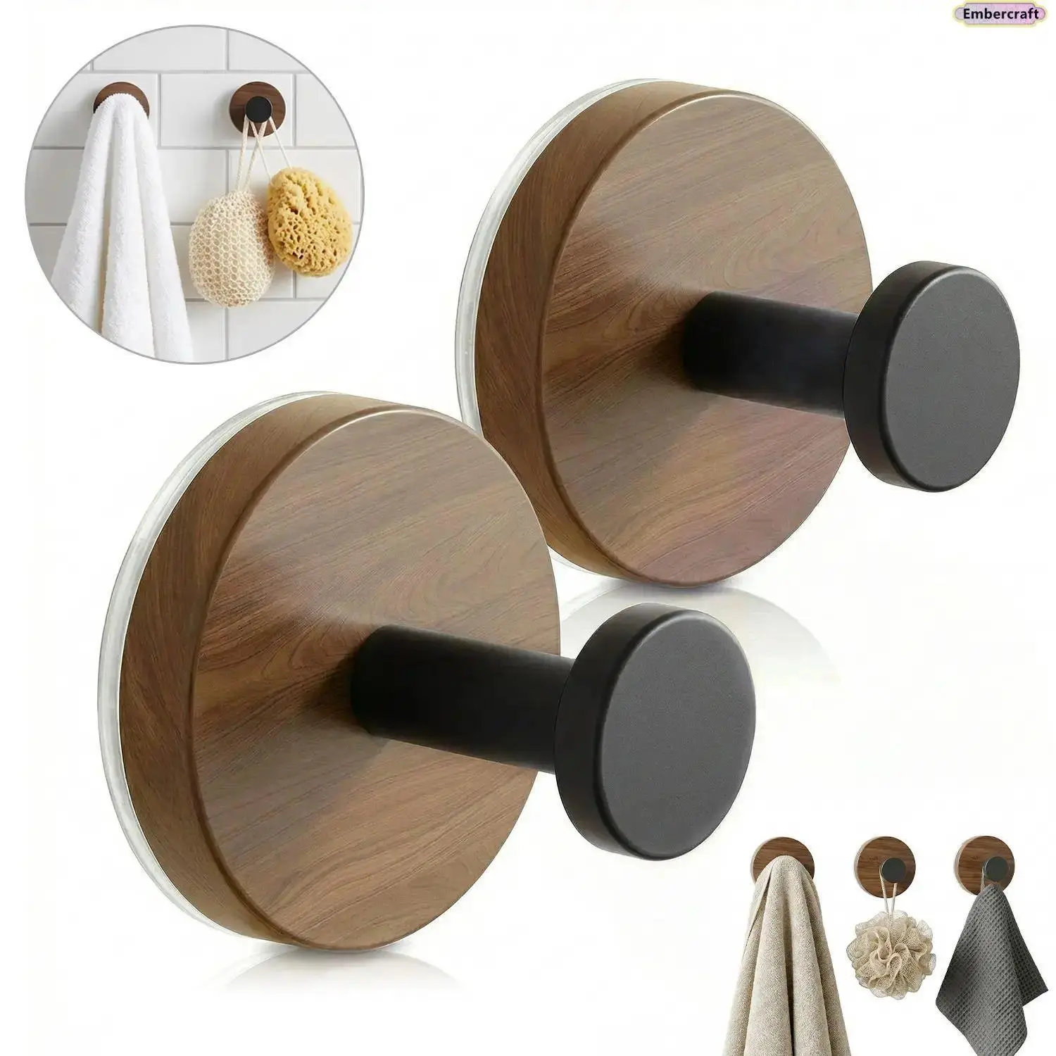 2-Pack Walnut Wood Suction Cup Hooks, Italian Style Waterproof & Reusable Organizer, No-Drill Wall Mount with Strong Hold for Bathroom & Kitchen, Tencel, Wooden Base