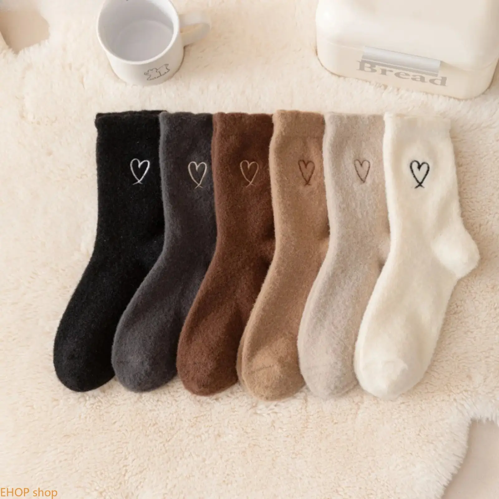 6 Pairs Fuzzy Socks for Women, Thick Soft Fluffy Sleep Socks with Embroidered Heart, Earth Tone Warm Winter Bed Socks, Cozy Slipper Hosiery Pack for Cold Weather