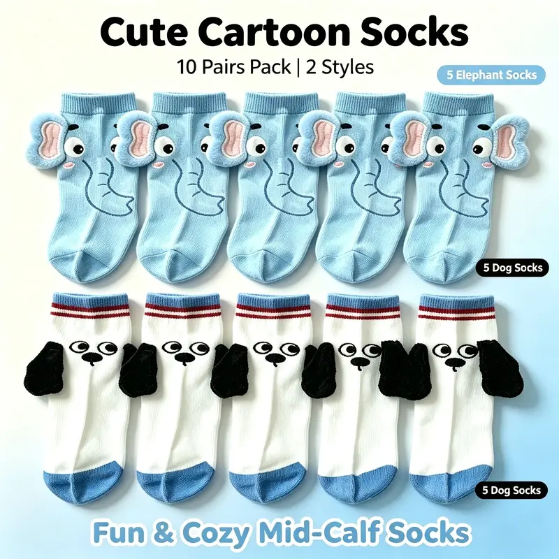 10‑Pack Women Cute 3D Animal Mid‑Calf Socks, Fun Dog Elephant Cartoon Novelty Crew Socks, Quirky Funny Design Casual Fashion Socks for Spring Autumn