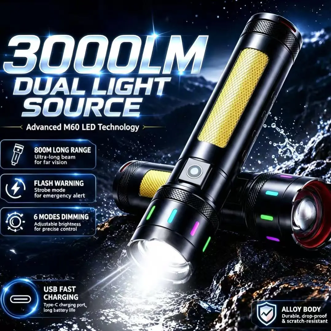 3000-lumen Full-body Aluminum Alloy Flashlight With Retractable Charging Function, Equipped With A COB Side Light That Can Serve As A Camping Light Or Desk Light. It Comes With An Adjustable Wrist Strap And Is Suitable For Outdoor Camping, Hiking